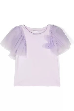 MONNALISA Girls T-Shirts - Tulle-sleeve cotton T-shirt - Purple