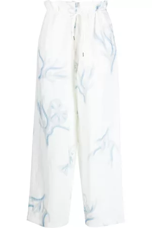 Emporio Armani Men Wide Leg Pants - Watercolour-effect linen trousers - White