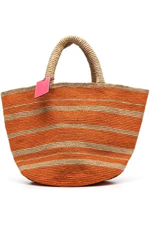 MANEBI Women Tote Bags - Horizontal-stripes raffia beach bag - Orange