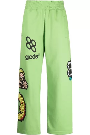 GCDS Men Wide Leg Pants - Plush motif-print wide-leg track pants - Green
