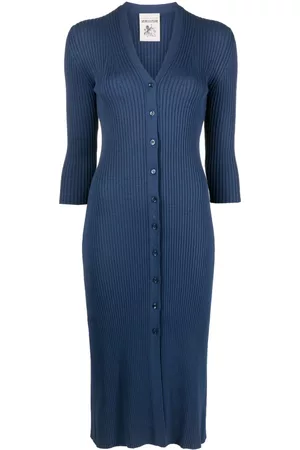 SEMICOUTURE Women Casual Dresses - V-neck fine-ribbed dress - Blue