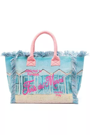 MC2 SAINT BARTH Women Beach Bags - Slogan-embroidered frayed-edges beach bag - Blue
