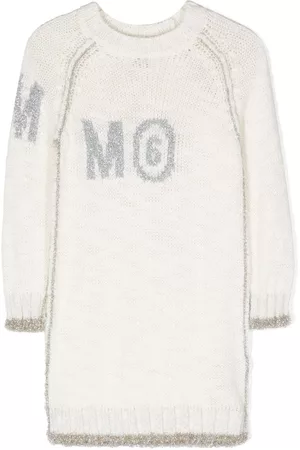 Maison Margiela Girls Long Sleeve Dresses - Logo-print long-sleeve kntited dress - White