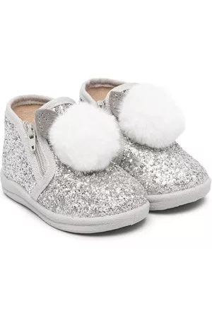 MONNALISA Ankle Boots - Pompom-detail glittered ankle boots - Silver