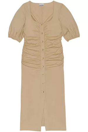 Ganni Women Ruched Dresses - Ruched organic cotton dress - Neutrals