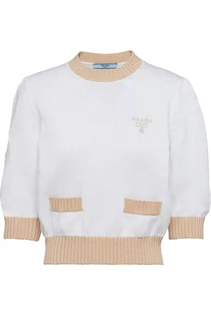 Prada Women Sweaters - Embroidered-logo cropped jumper - White