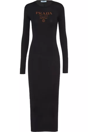 Prada Women Printed & Patterned Dresses - Logo-print silk midi dress - Black