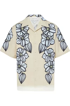 Prada Men Short sleeved Shirts - Floral-print short-sleeve shirt - F03LT Limestone/Sky Blue