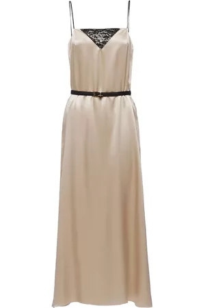 Prada Women Graduation Dresses - Crepe satin belted dress - Neutrals