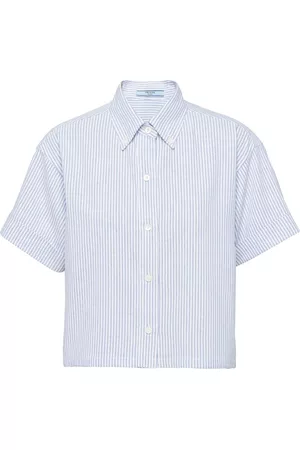 Prada Women Shirts - Striped cropped oxford shirt - Blue