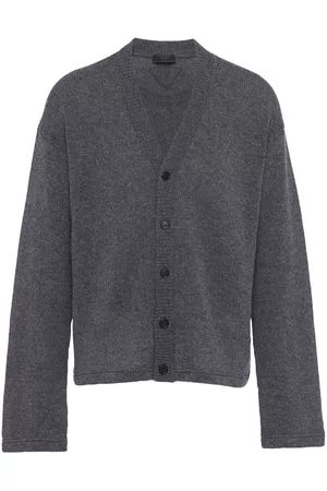 Prada Men Sweatshirts - Triangle-logo cashmere cardigan - Grey