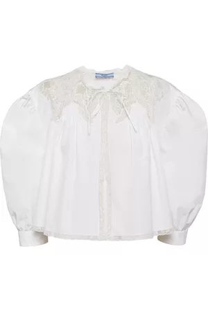 Prada Women Lace-up Tops - Lace-detail cotton shirt - White