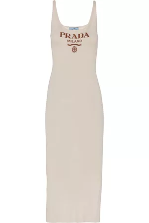 Prada Women Midi Dresses - Logo ribbed silk midi dress - Neutrals
