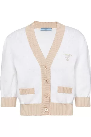 Prada Women Cardigans - Cropped two-tone cotton cardigan - White