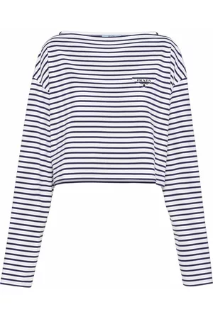 Prada Women T-Shirts - Logo-detail striped T-shirt - White