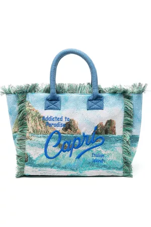 MC2 SAINT BARTH Women Beach Bags - Slogan-embroidered frayed-edges beach bag - Blue