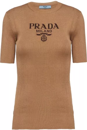 Prada Women T-Shirts - Logo crew-neck knit T-shirt - Brown