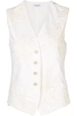 Brunello Cucinelli Women Waistcoats - Floral-embroidered sequinned waistcoat - White