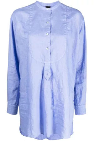 Aspesi Women Long Sleeved Shirts - Collarless linen long-sleeve shirt - Blue