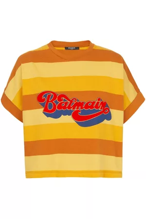 Balmain Women T-Shirts - Logo-print striped cropped T-shirt - ADB