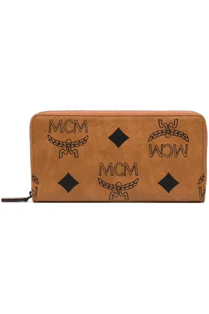 MCM Aren Chain Zip Around Wallet In Embossed Monogram Leather in Orange