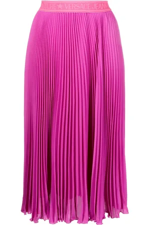 VERSACE Pleated logo-waistband midi skirt