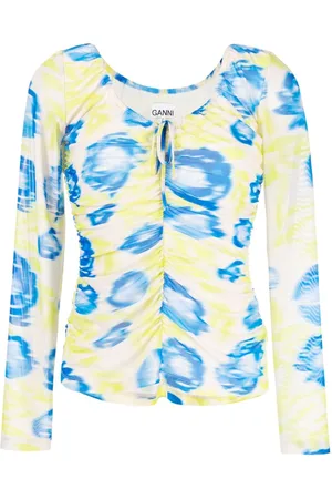 Ganni Floral-print ruched mesh top