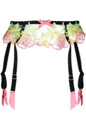 Floral Embroidery Bra, Suspender And Thong Set