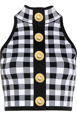 Balmain 5-Button check-pattern crop top