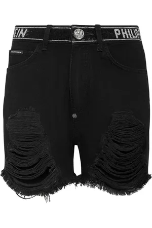 Philipp Plein Crystal-embellished raw-cut denim shorts