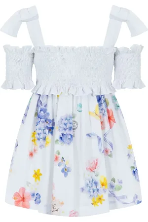 Lapin House floral-appliqué ruffled dress - White