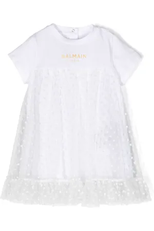 Balmain Kids logo-embroidered ruffled dress set - White