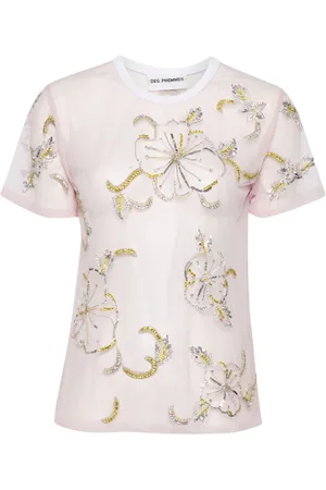 Des Phemmes Hibiscus-embroidered semi-sheer T-shirt