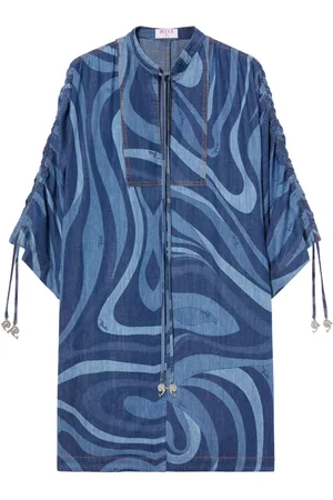 Puccini Marmo-print denim kaftan dress