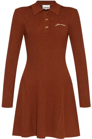 Ganni Logo-embroidered ribbed-knit polo dress