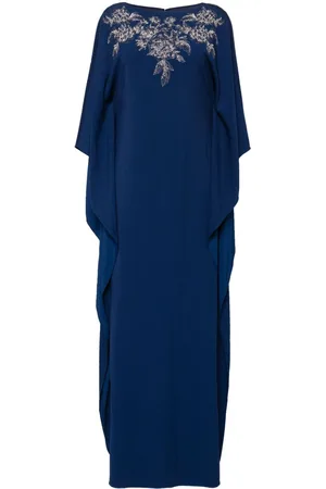 Marchesa Notte Floral-embroidered crepe kaftan dress