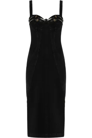 VERSACE Bucked-belts denim midi dress