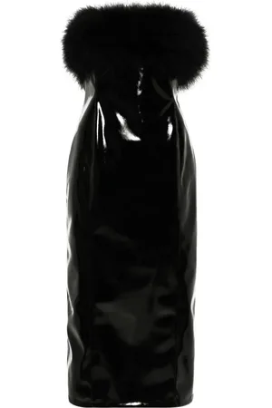 BLUMARINE Marabou-feathers patent midi dress