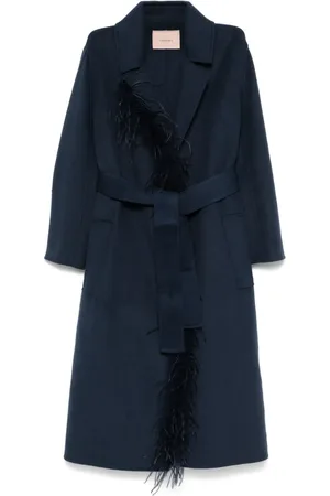 Twin-Set Feather-trim belted coat