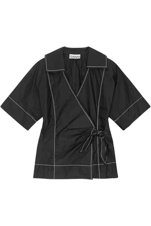 Ganni Contrast piping side-tied wrap blouse