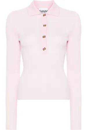 Ganni Fine-ribbed merino polo top