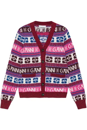 Ganni Intarsia-logo V-neck cardigan