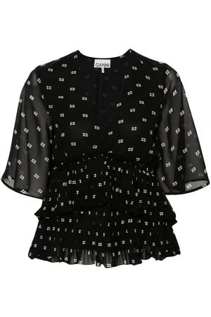Ganni Graphic-print V-neck pleated blouse