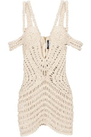 Balmain Off shoulder macrame knit dress