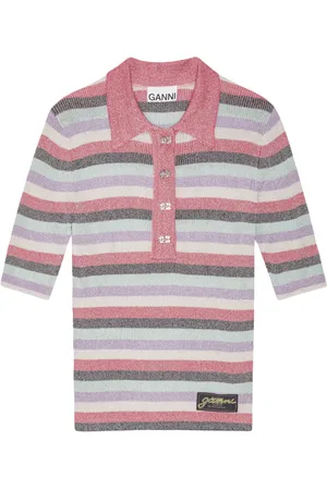 Ganni Striped lurex-knit polo shirt