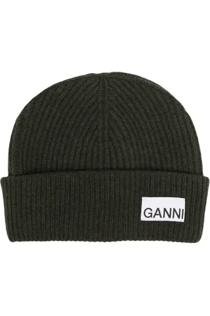Ganni Logo-patch ribbed-knit beanie