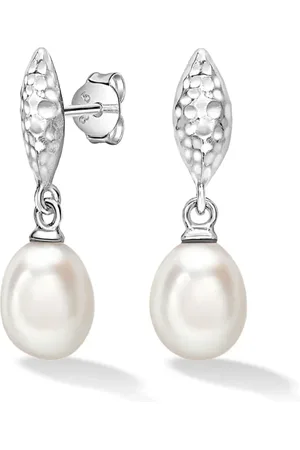 Dower and Hall Hammered Marquise and White Freshwater Pearl Drop earrings