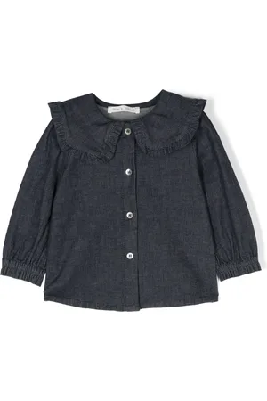 Zhoe & Tobiah Ruffled-trim washed denim blouse