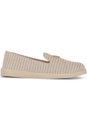 Prada Triangle-plaque stiped canvas slippers