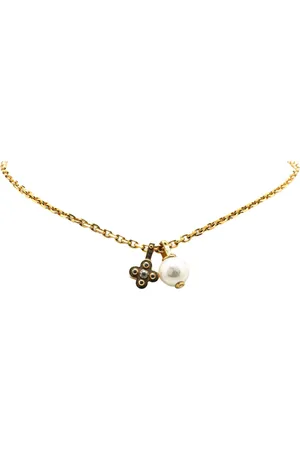 LOUIS VUITTON 2014 Plated Damier Monogram Charm Faux Pearl Pendant Necklace costume necklace